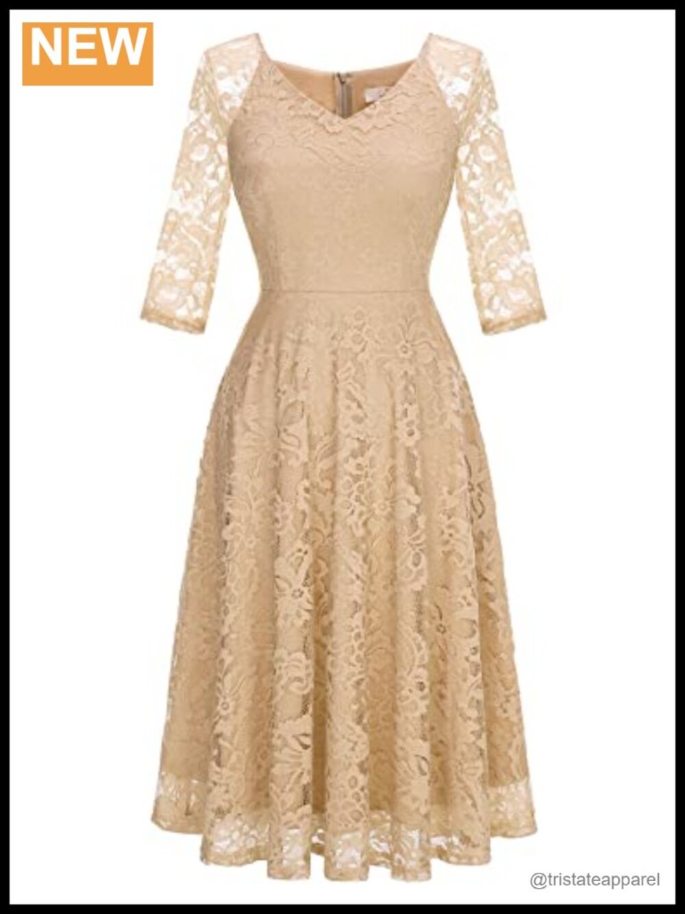 Lace A-Line Formal Wedding Guest Dress 3/4 Sleeve V-Neck Midi